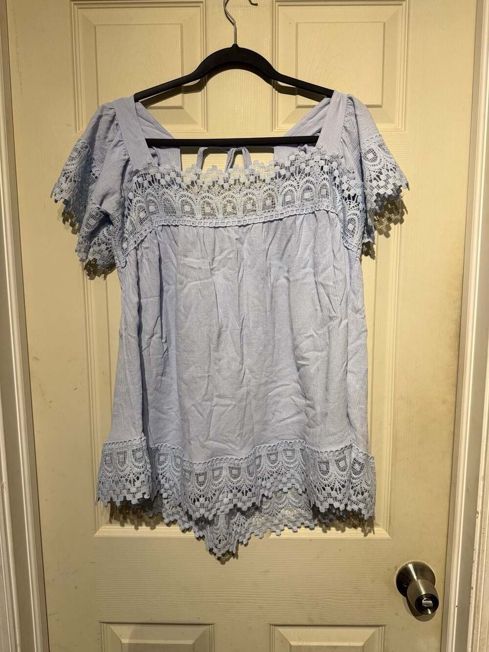 Boot Shoot Lace Detail Square Neck Short Sleeve Blouse Light Blue